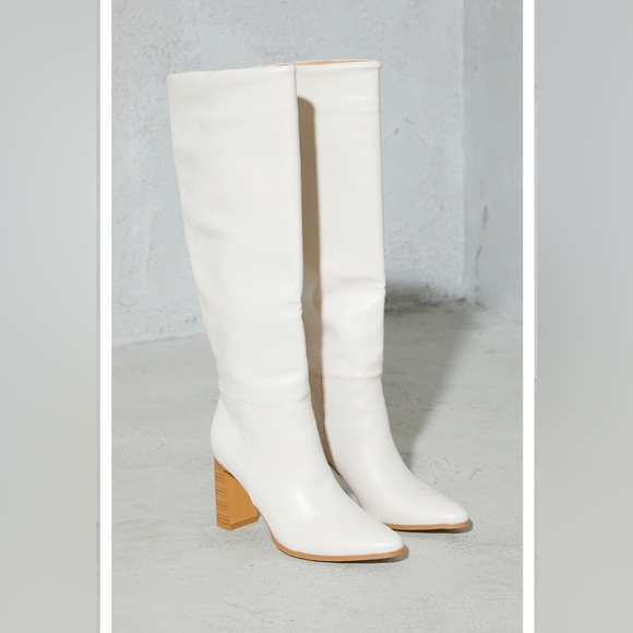 New Cream Block High Heel Women Knee Fall White Boots - Picture 1 of 7